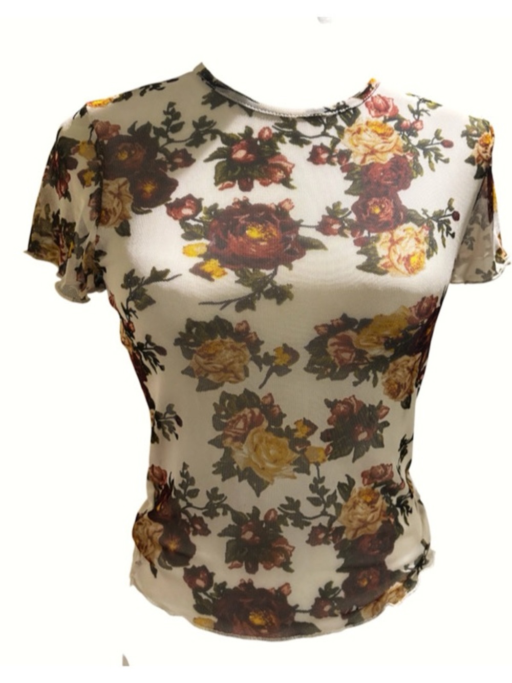 Flash Sale Gaze Top Floral Crewneck Sheer Top Short Sleeves Size M